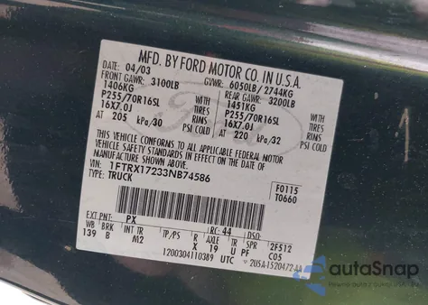 2003 Ford F-150 Xl/Xlt z USA, uszkodzony, nr VIN 1FTRX17233NB74586